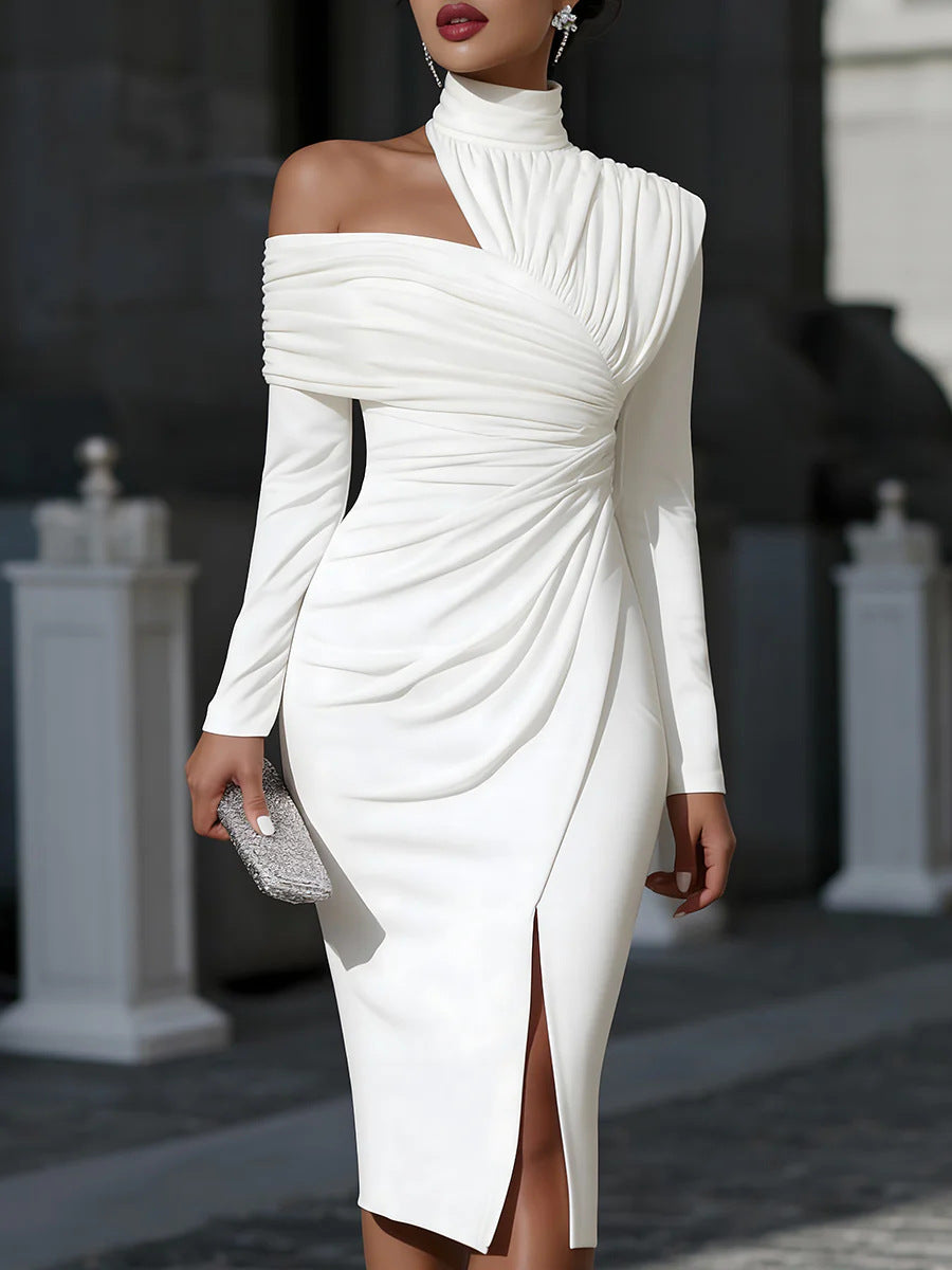 Elegant One-Shoulder Ruched Midi Dress