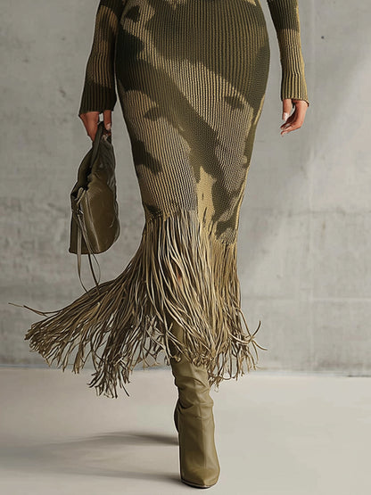 Yohers Olive Camo Knit V-Neck Fringe Hem Bodycon Dress