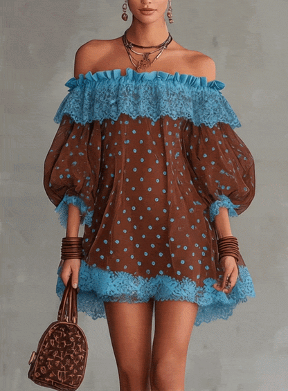 Brown And Blue Off-Shoulder Polka Dot Lace Mini Dress