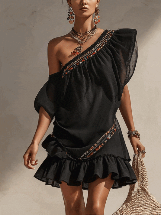 Black Asymmetric Chiffon Embroidered Mini Dress