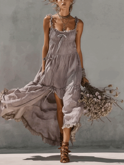 Purple Lace Trimmed Linen Maxi Dress